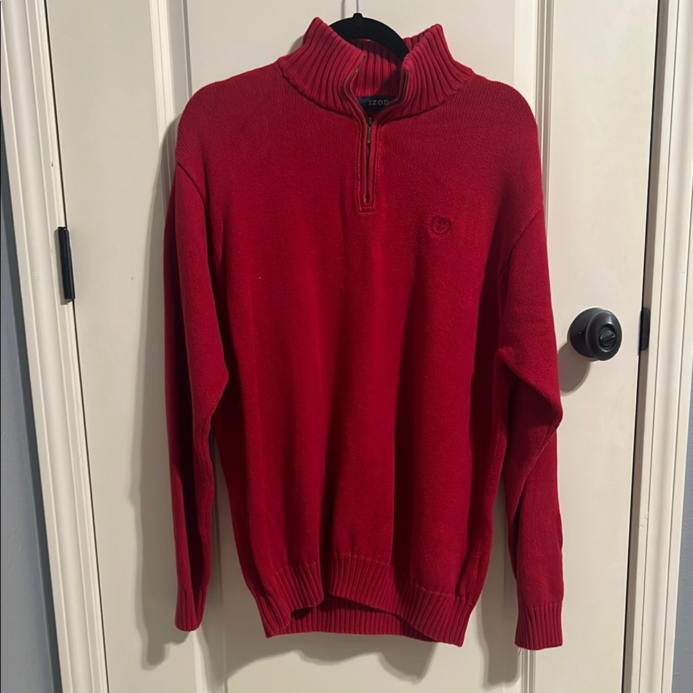 Izod Red Zip Up Sweater Vibrant Knit Casual